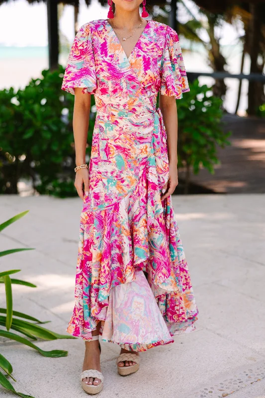 Tahiti Is Calling Fuchsia Pink Abstract Maxi Dress