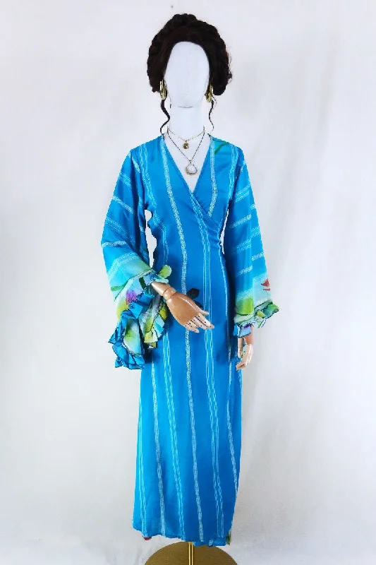 Venus Maxi Dress - Vintage Sari - Embroidered Sky Blue Stripe - Size S/M