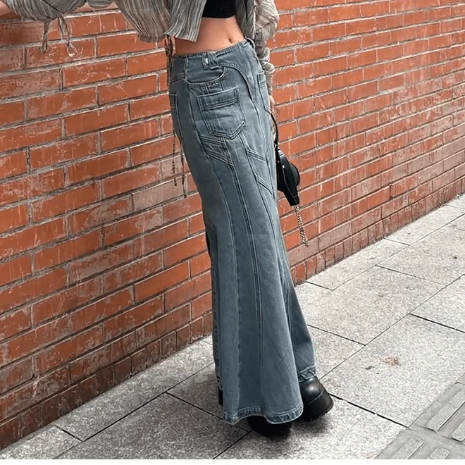 Women's Grunge Multi-pocket Denim Fishtail Skirt