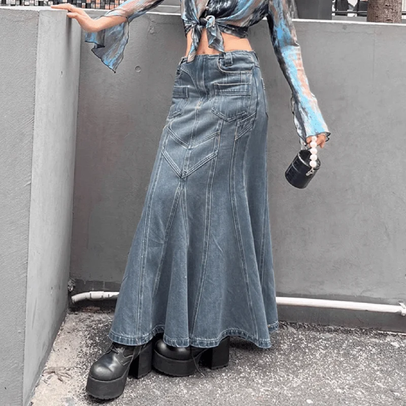 Women's Grunge Multi-pocket Denim Fishtail Skirt