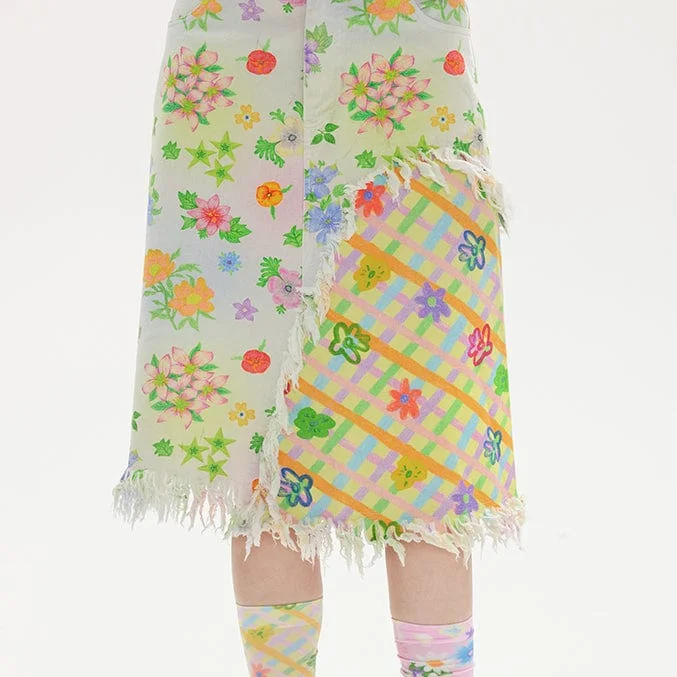 Women's Pink Kawaii Floral Printed Splice Plaid Unedged Skirt