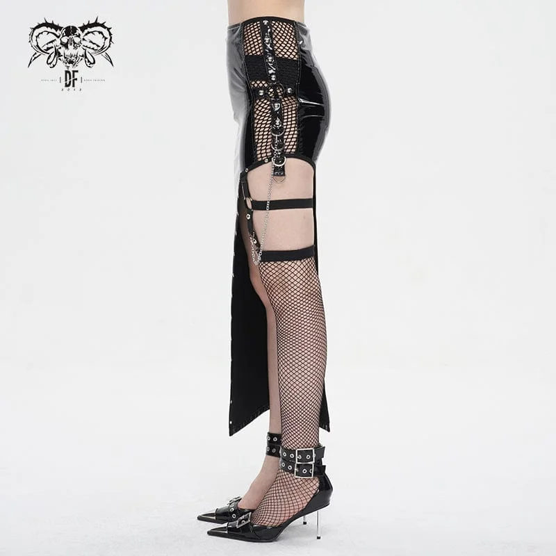 Women's Punk Irregular Patent Leather Skirt with Mesh Stocking