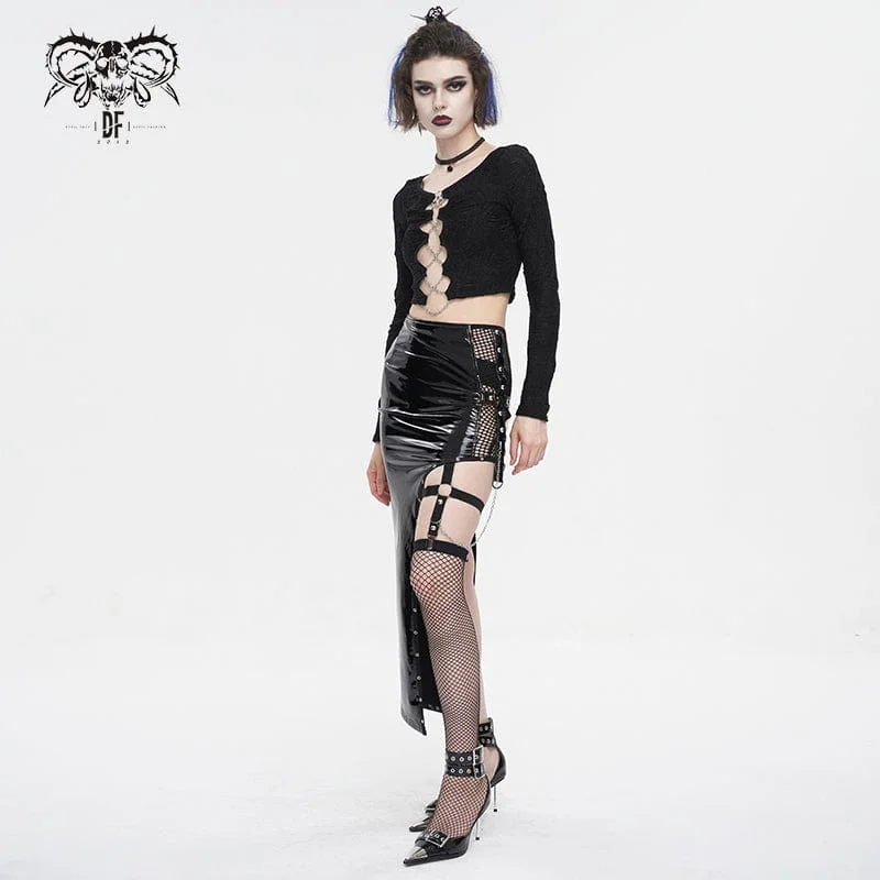 Women's Punk Irregular Patent Leather Skirt with Mesh Stocking