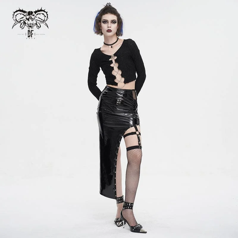 Women's Punk Irregular Patent Leather Skirt with Mesh Stocking