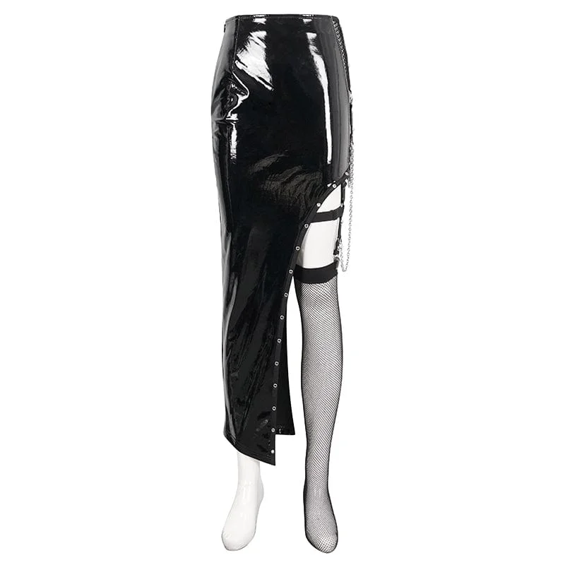 Women's Punk Irregular Patent Leather Skirt with Mesh Stocking