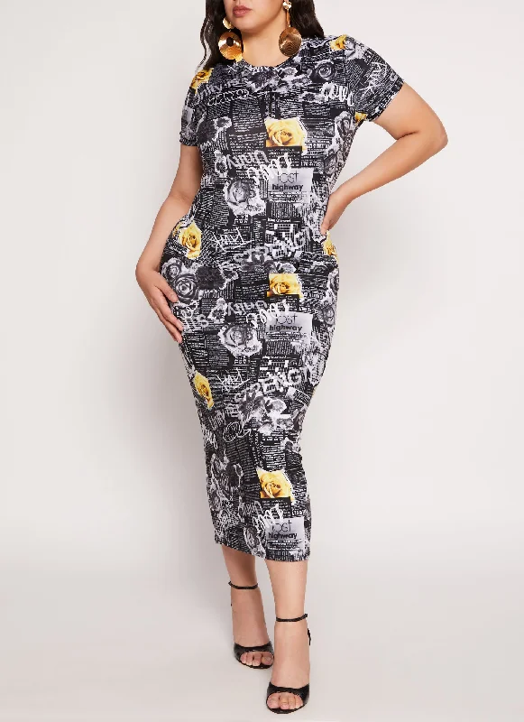 Plus Size Floral Newspaper Print Maxi Skirt