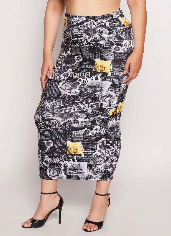 Plus Size Floral Newspaper Print Maxi Skirt