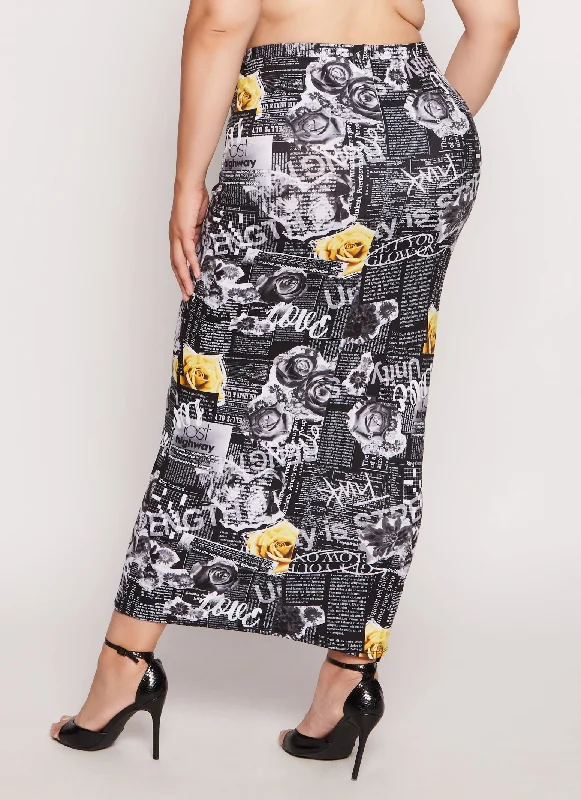 Plus Size Floral Newspaper Print Maxi Skirt